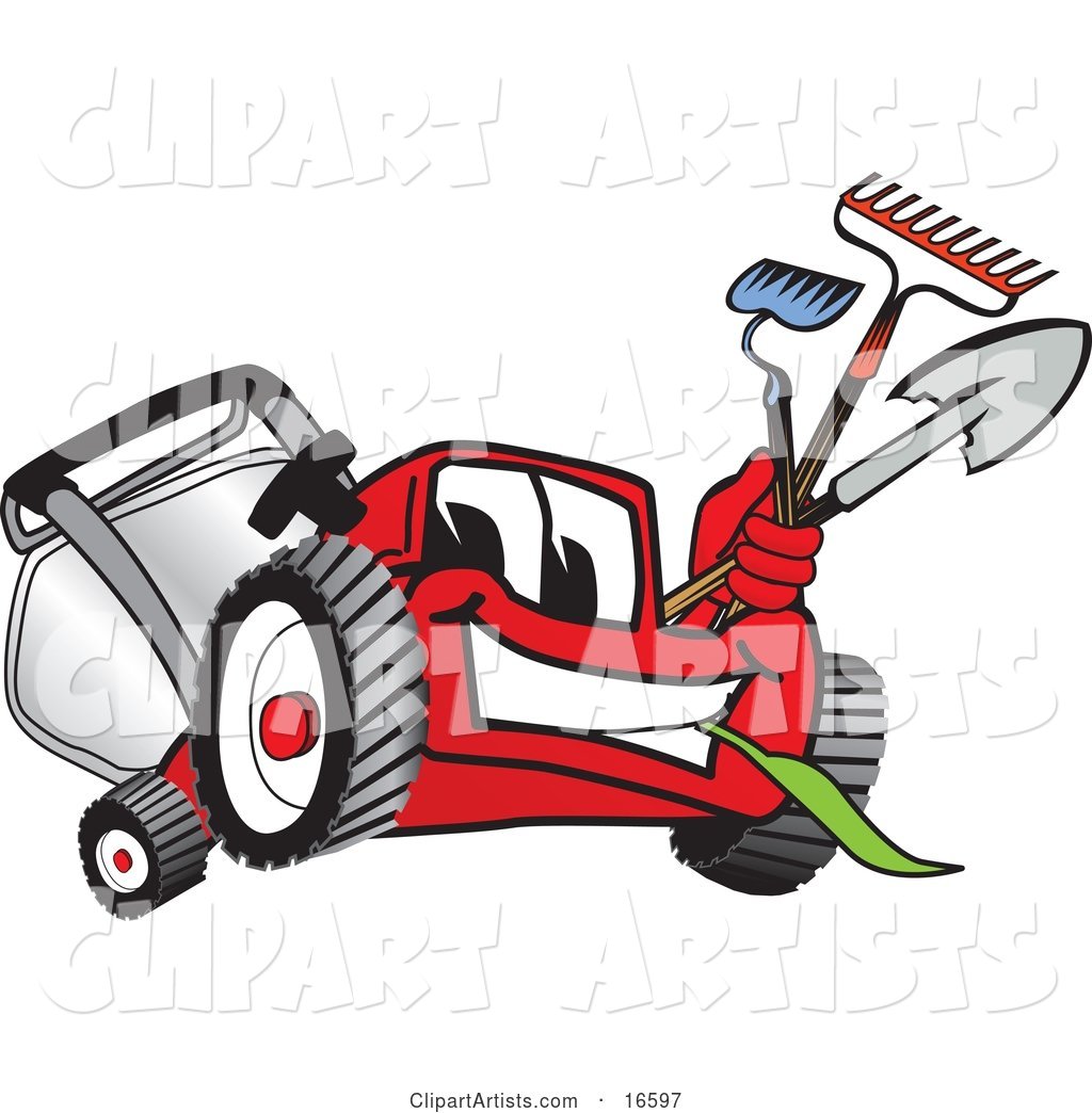 Red Lawn Mower Mascot Cartoon Character Carrying a Hoe, Rake and Shovel While Gardening
