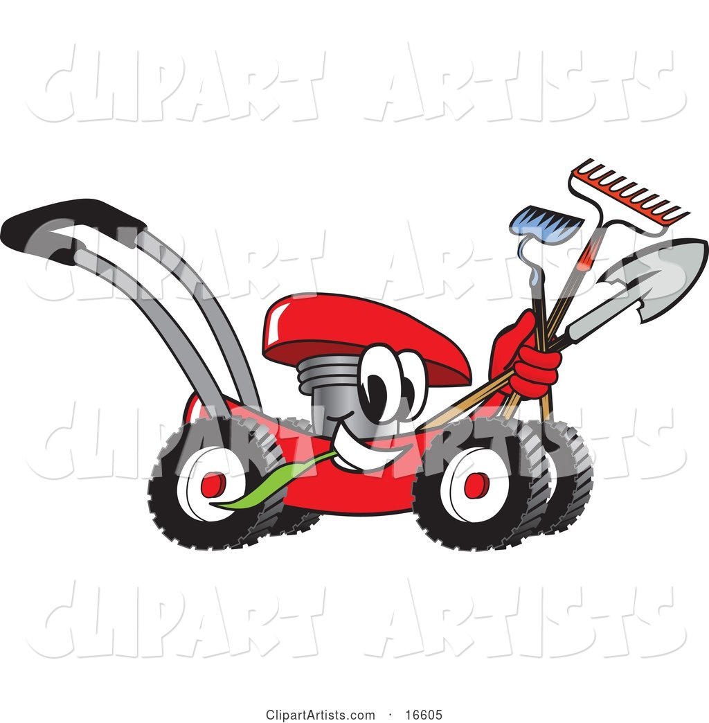 Red Lawn Mower Mascot Cartoon Character Passing by with a Hoe, Rake and Shovel