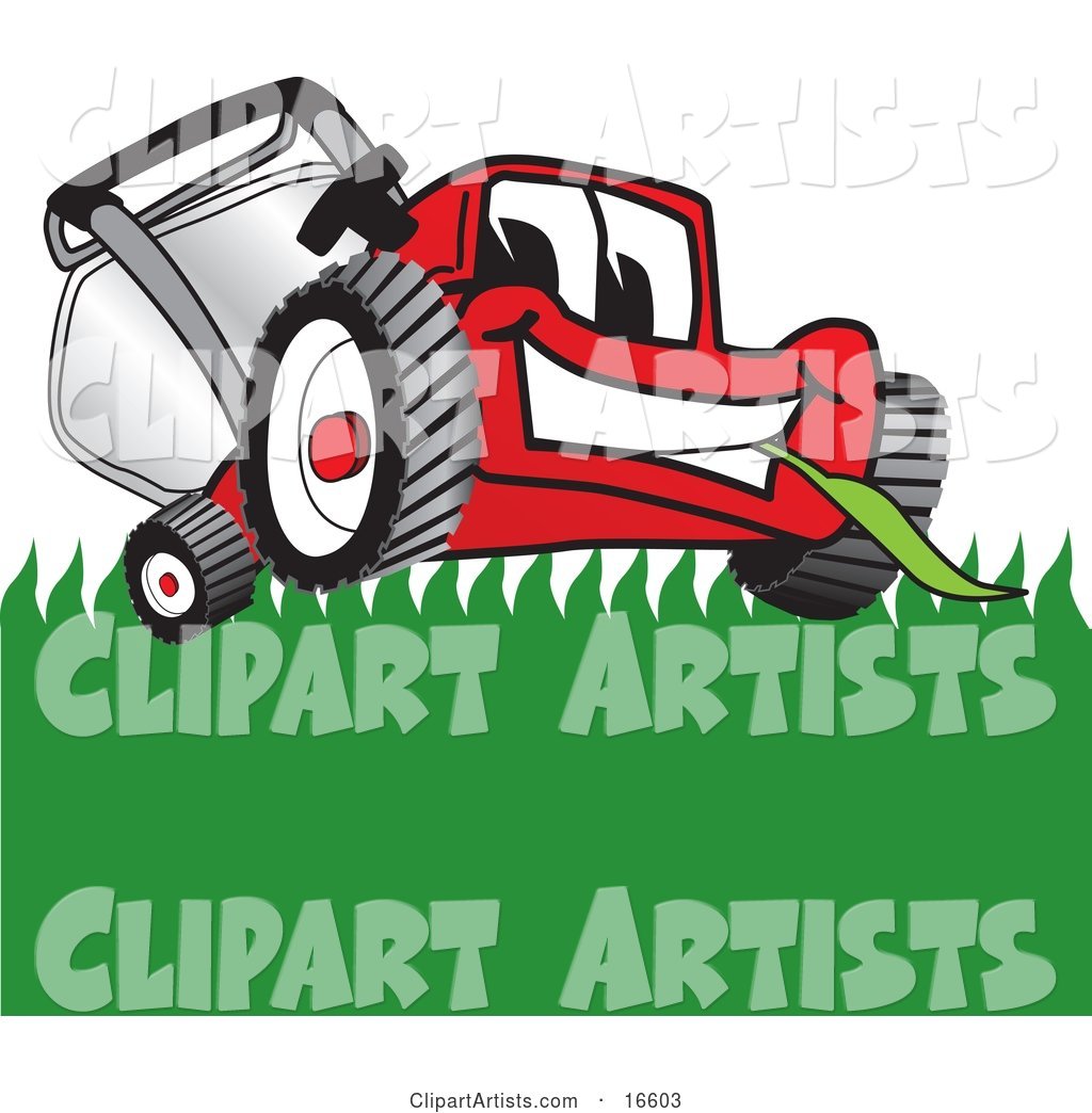 Red Lawn Mower Mascot Cartoon Character Smiling While Mowing Grass