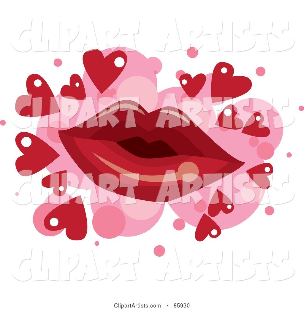 Red Pair of Lips over Pink Spots with Red Hearts on White