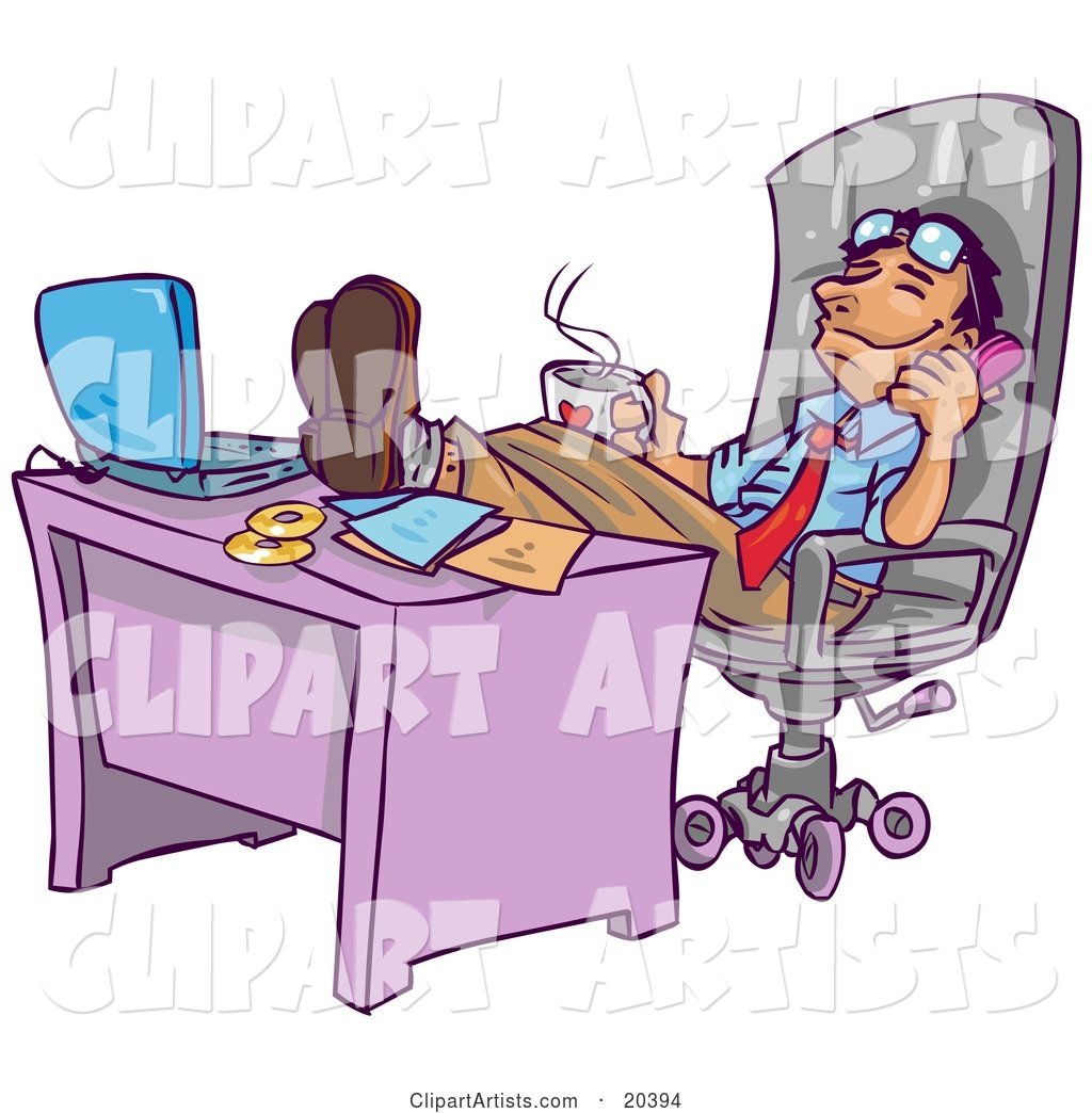 Relaxed Businessman Leaning Back in His Chair with His Feet up by His Laptop Computer on His Desk, Holding a Cup of Hot Coffee and Chatting on the Phone