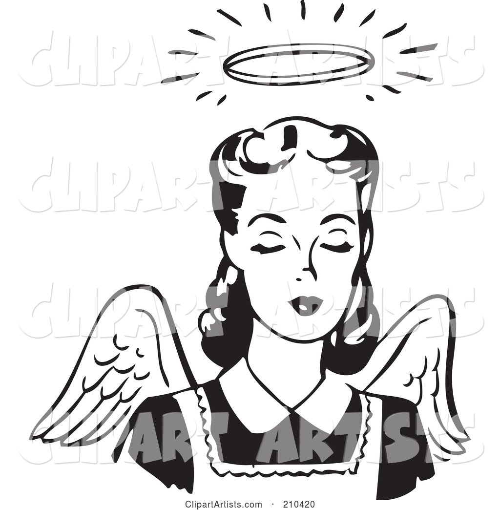 Retro Black and White Angel Woman with Wings and a Halo