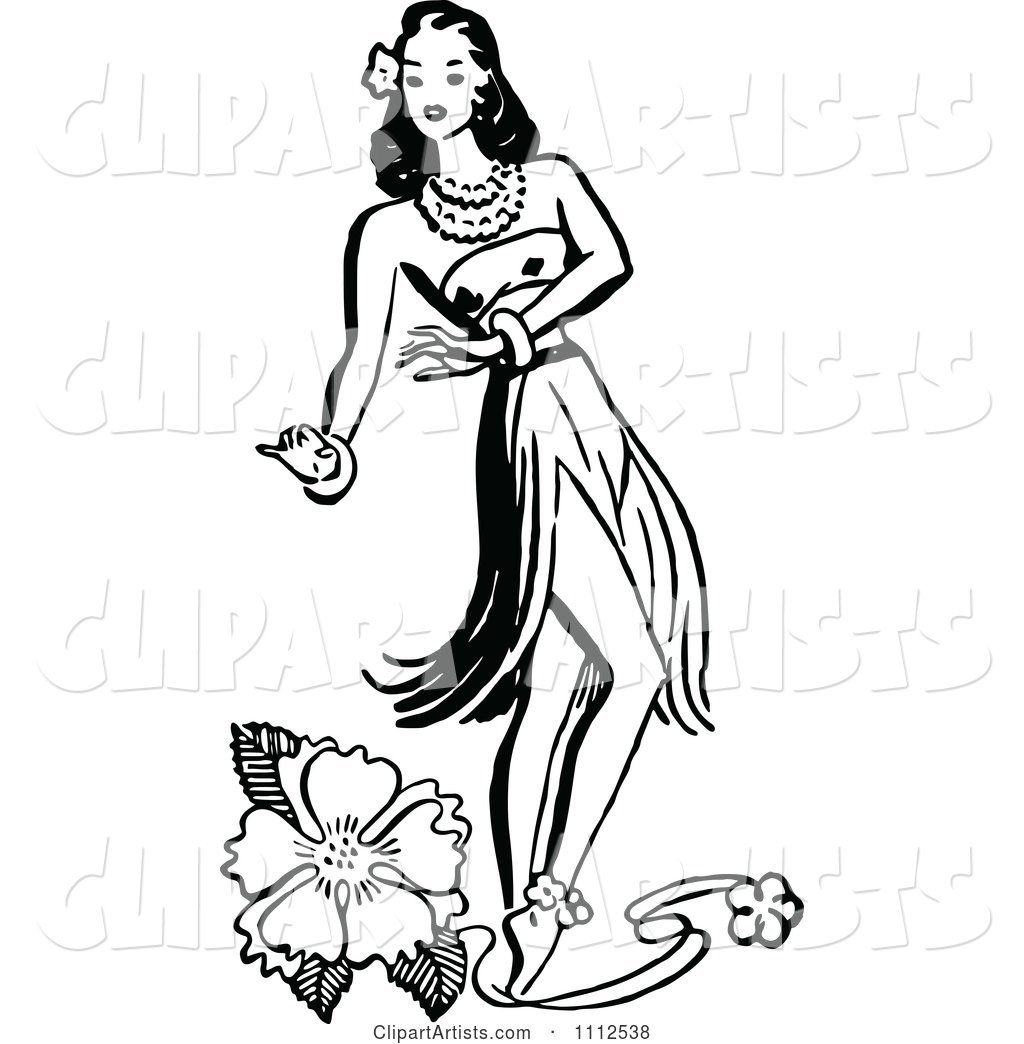 Retro Black and White Hawaiian Hula Girl Dancer and a Hibiscus Flower