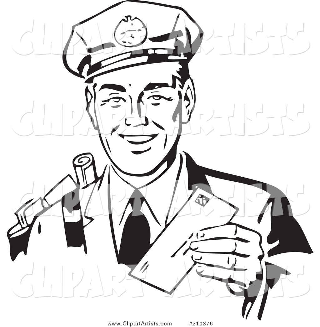 Retro Black and White Mailman Holding a Letter