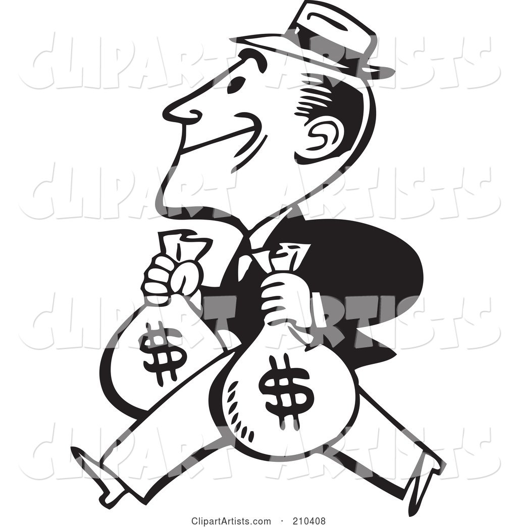 Retro Black and White Man Carrying Two Money Bags