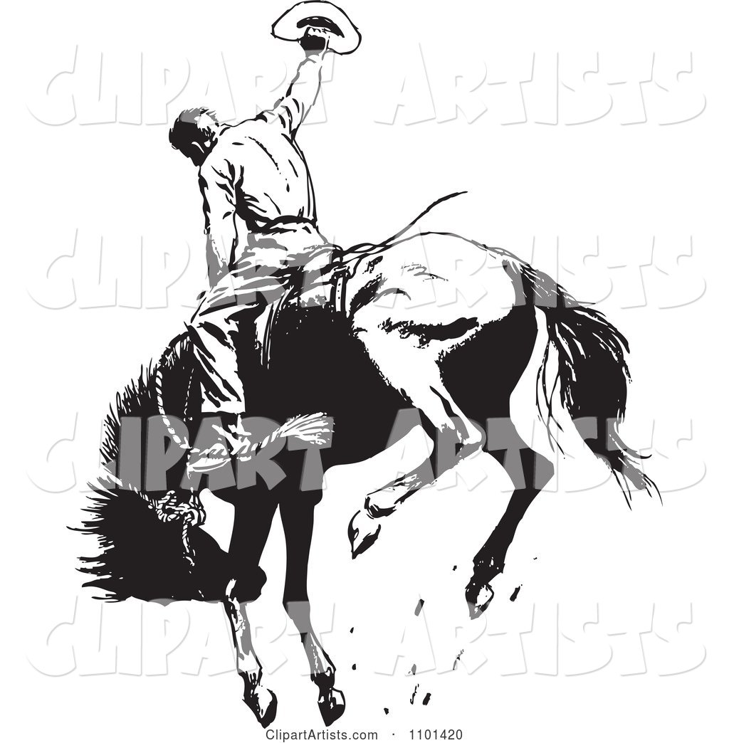 Retro Black and White Rodeo Cowboy on a Bucking Horse 1