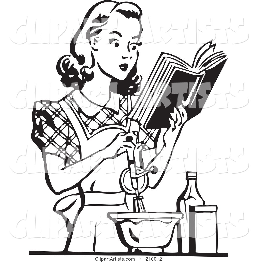 Retro Black and White Woman Baking and Reading a Cook Book
