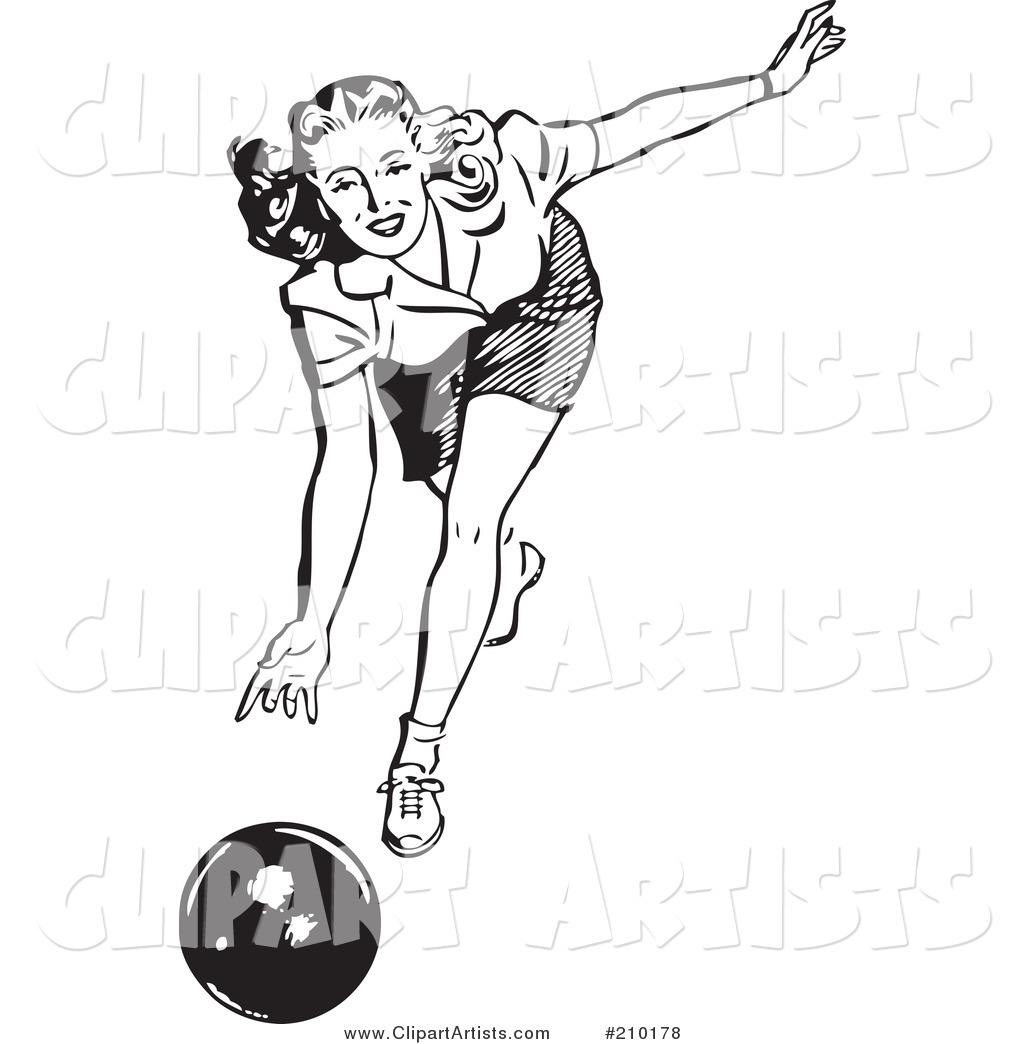 Retro Black and White Woman Bowling