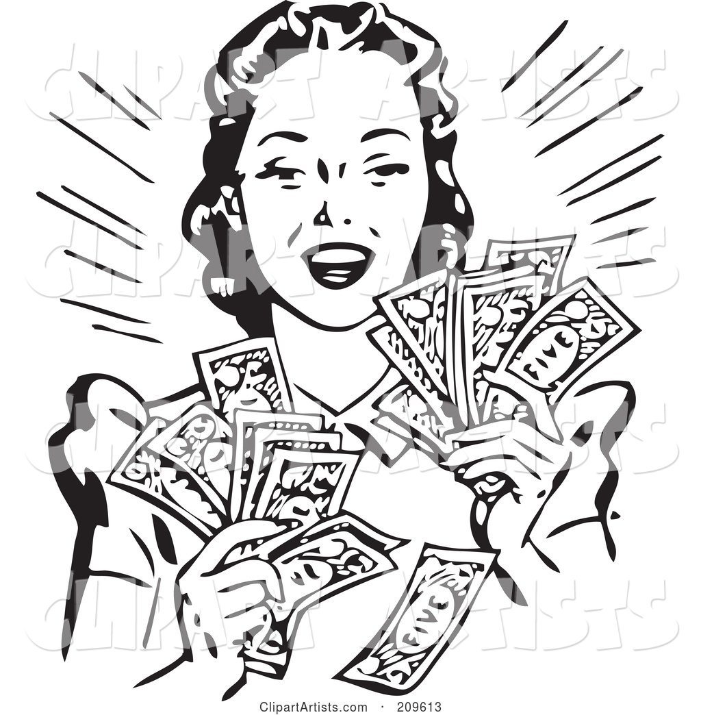 Retro Black and White Woman Holding Handfulls of Cash