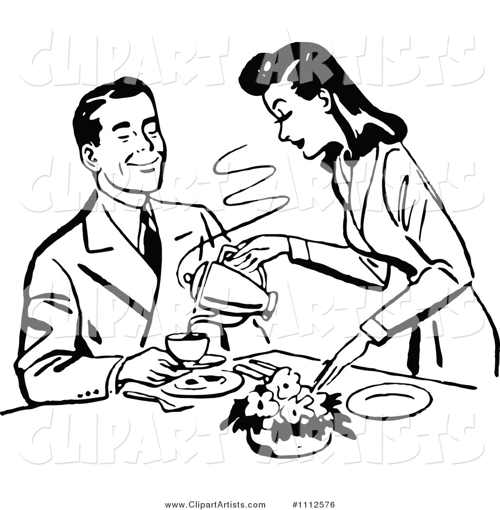 Retro Black and White Woman Pouring Her Husband Coffee
