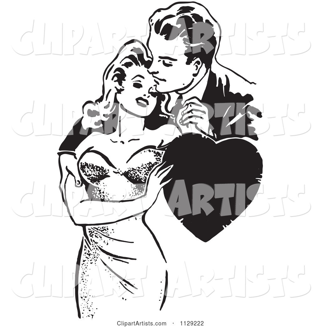 Retro Man and Woman Romanticly Embracing with a Heart in Black and White