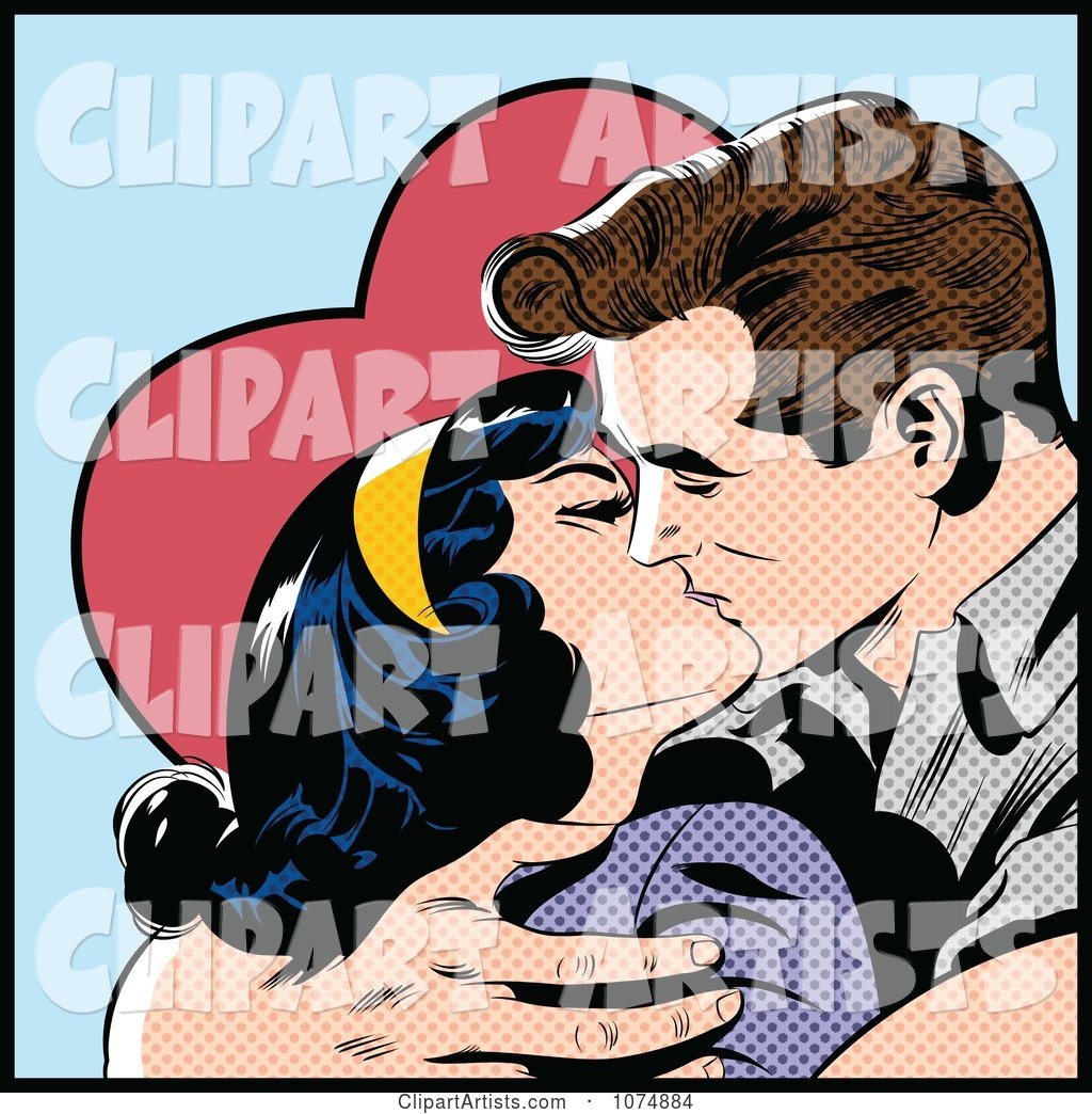 Retro Pop Art Couple Kissing and Holding Each Other Tight over a Heart