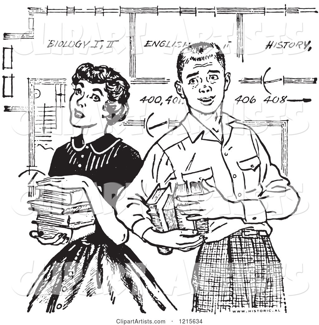 Retro Teenage Couple with Books and School Blueprints in Black and White