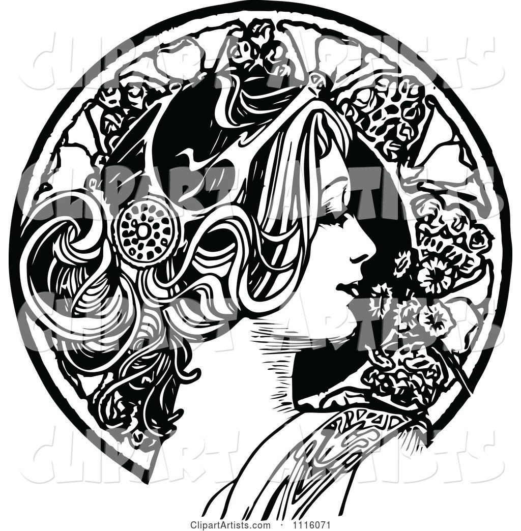 Retro Vintage Black and White Beautiful Woman in Profile and Floral Circle