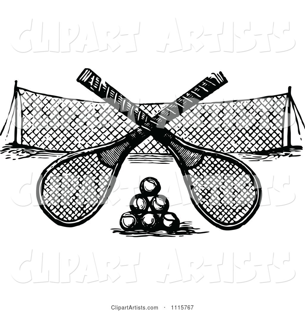 Retro Vintage Black and White Crossed Tennis Rackets over Balls and a Net