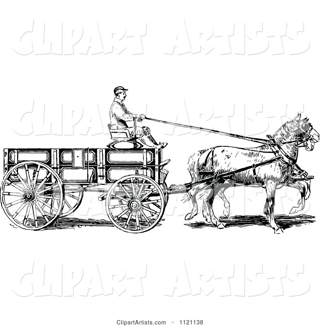 Retro Vintage Black and White Horse Pulling a Wagon