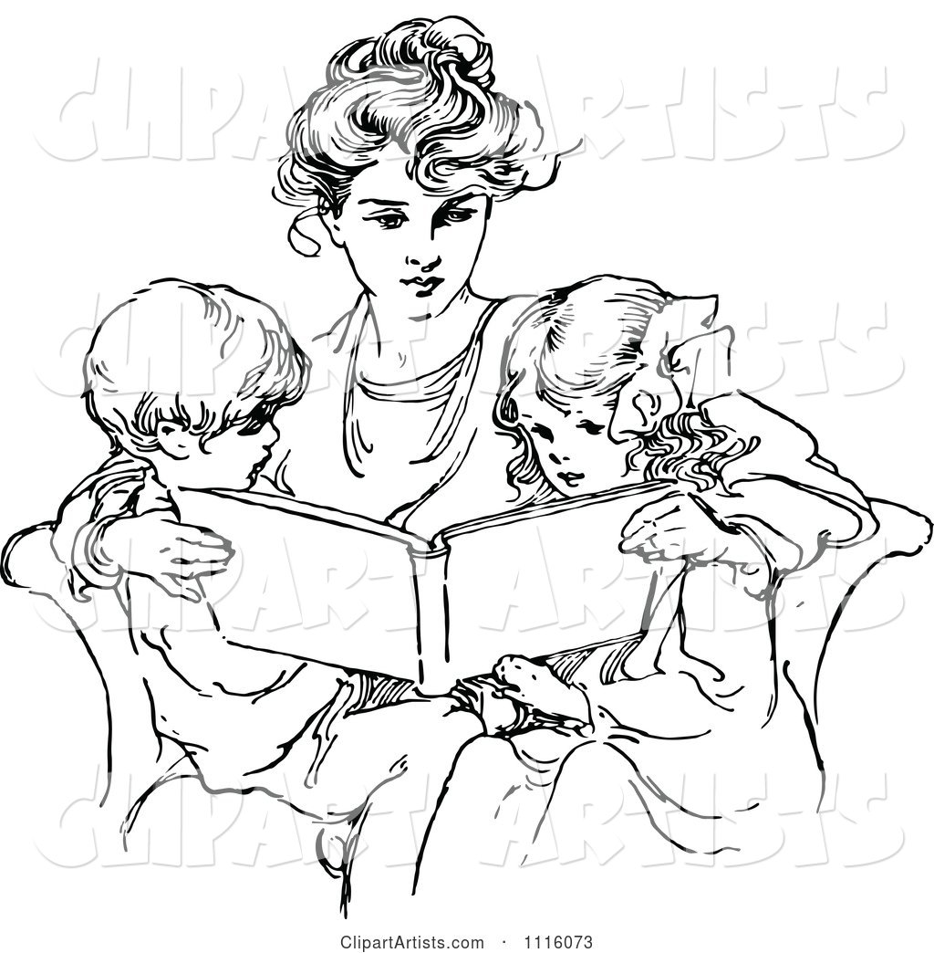 Retro Vintage Black and White Mother Reading to Her Children