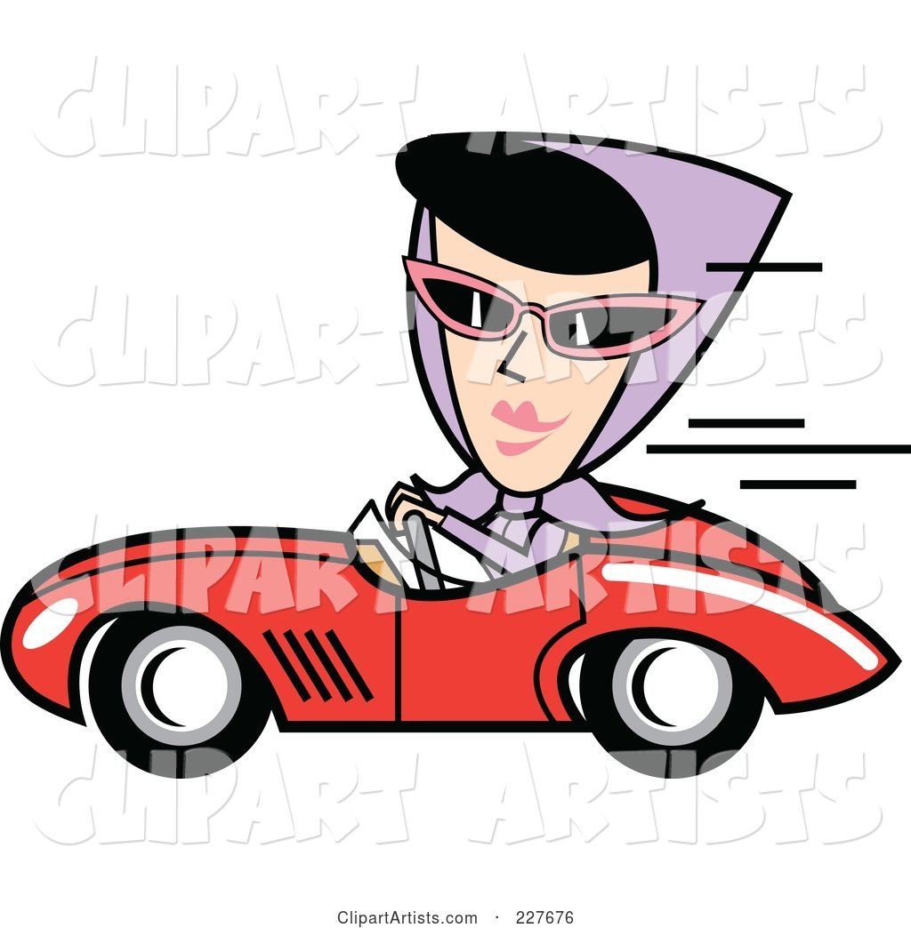 Retro Woman Driving a Convertible Car