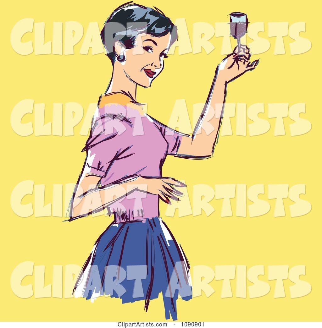 Retro Woman Raising Her Wine Glass to Toast