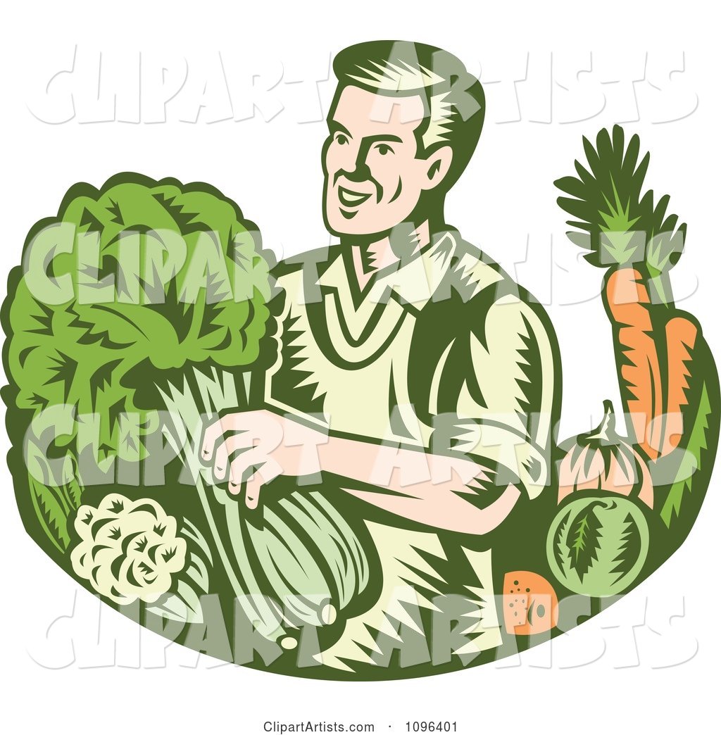Retro Woodcut Organic Farmer with with Leafy Green and Root Vegetables