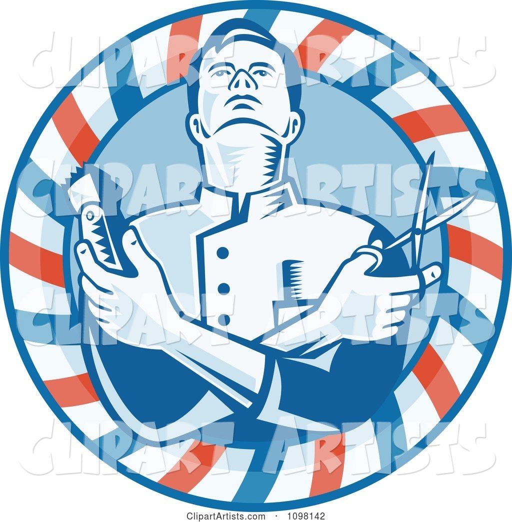 Retro Woodcut Styled Barber Holding Clippers and Scissors in a Striped Circle