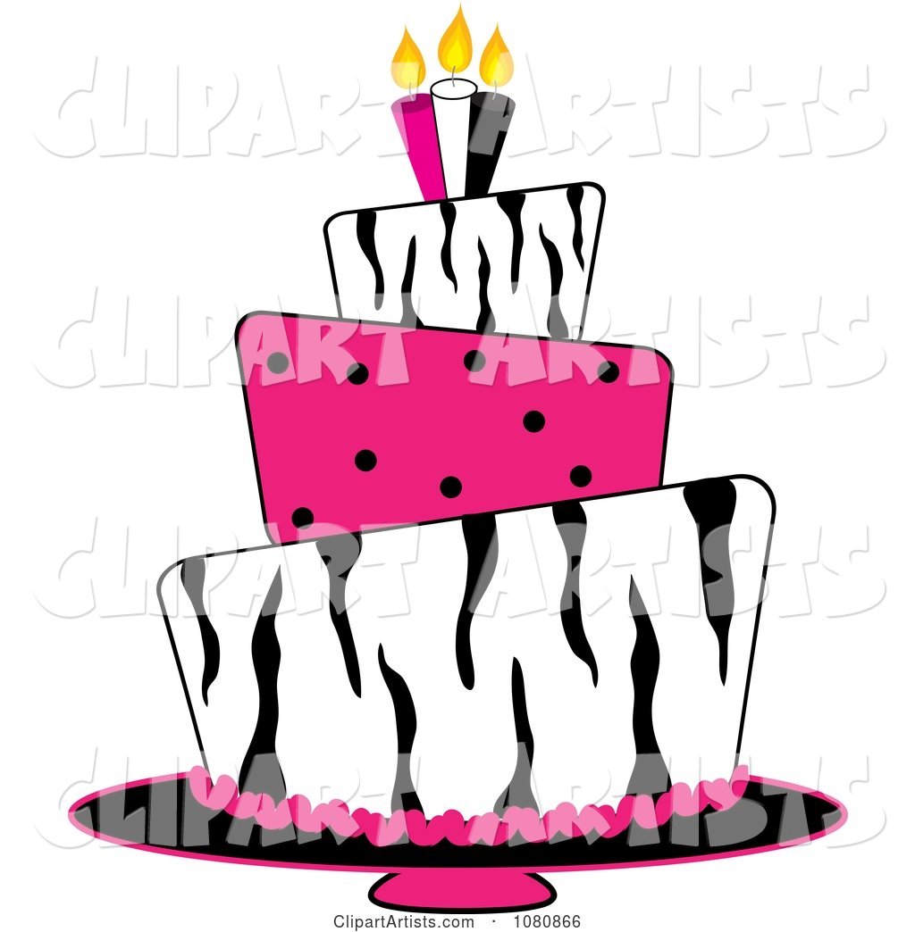 Round Three Tiered Funky Zebra Print and Pink Polka Dot Fondant Birthday Cake