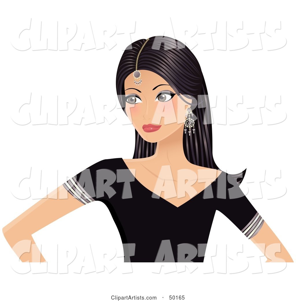 Royalty-Free (RF) Clipart Illustration of a Indian Beauty Woman in a Black Shirt, Wearing Her Hair down with a Bindi on Her Forehead