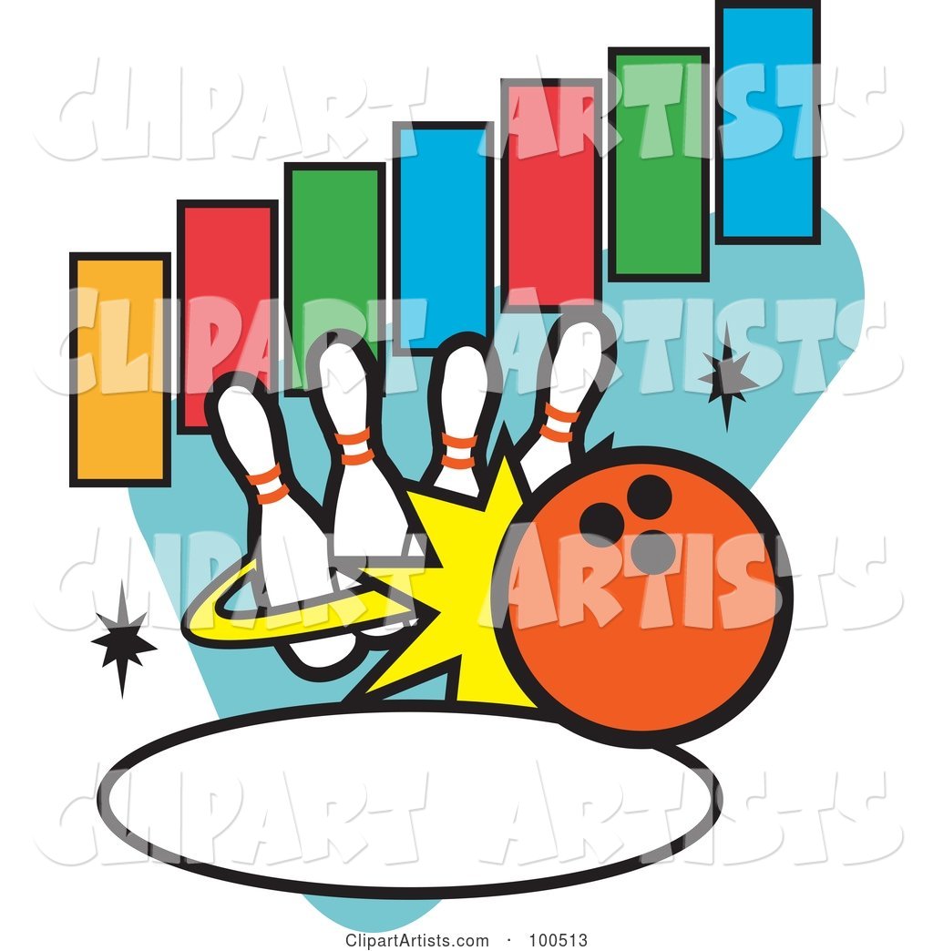 Royalty-Free (RF) Clipart Illustration of an Orange Bowling Ball Knocking over Pins, with Text Rectangles and an Oval