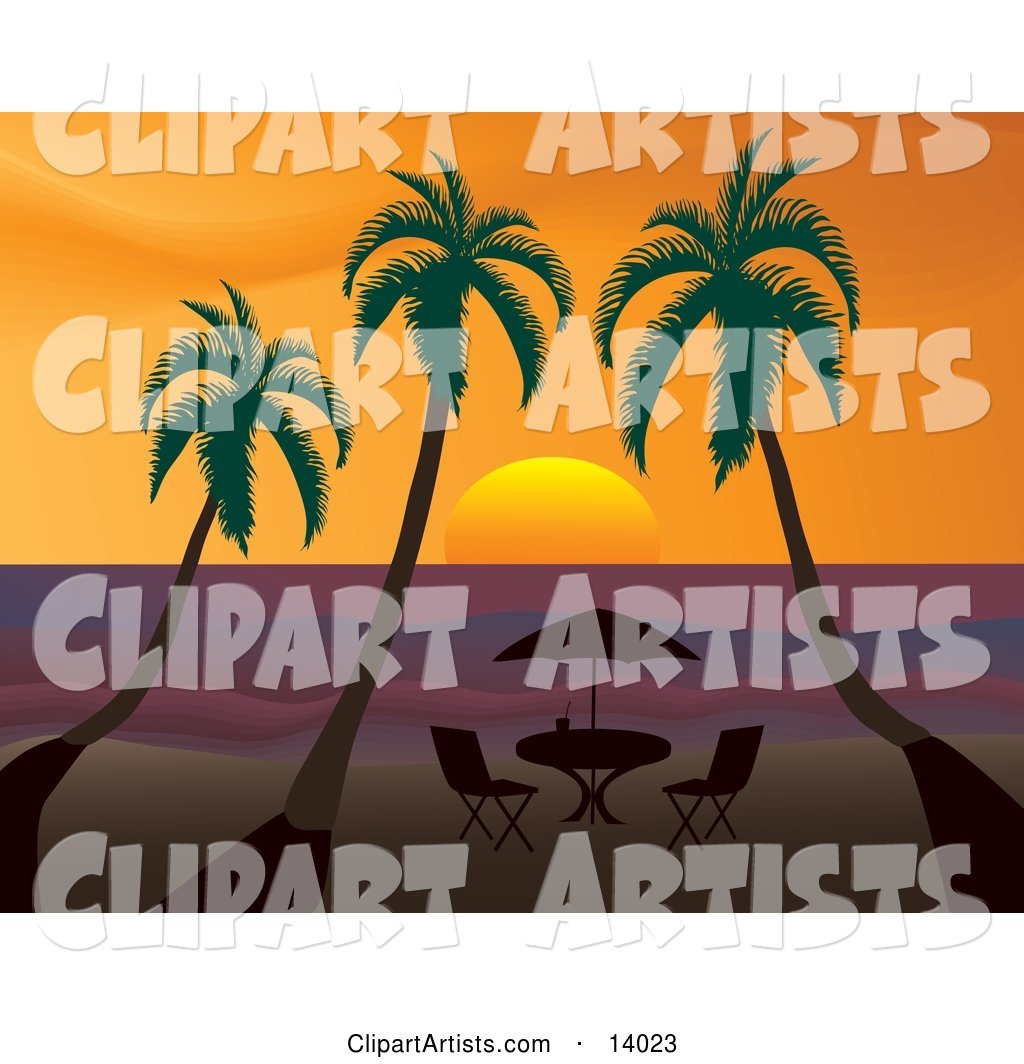 Royalty-Free Travel Clipart Picture of a Table with an Umbrella Silhouetted on a Beach Under Three Palm Trees at Sunset