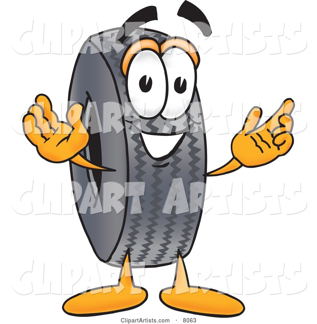 Rubber Tire Mascot Cartoon Character with Welcoming Open Arms