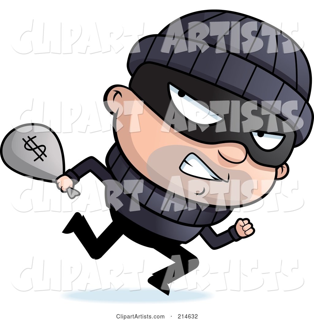Running Burglar Looking Back and Carrying a Sack of Cash