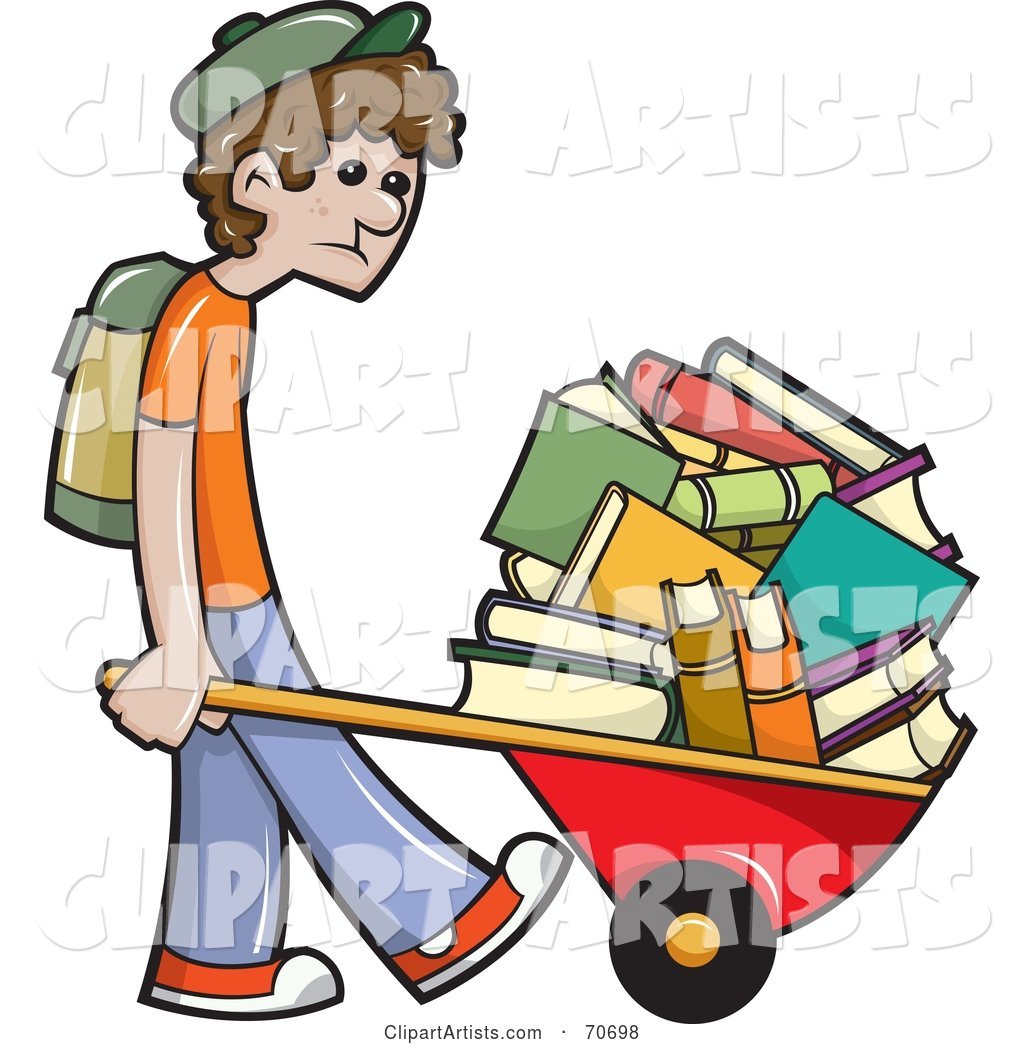 Sad School Boy Pushing Tons of Books in a Wheelbarrow