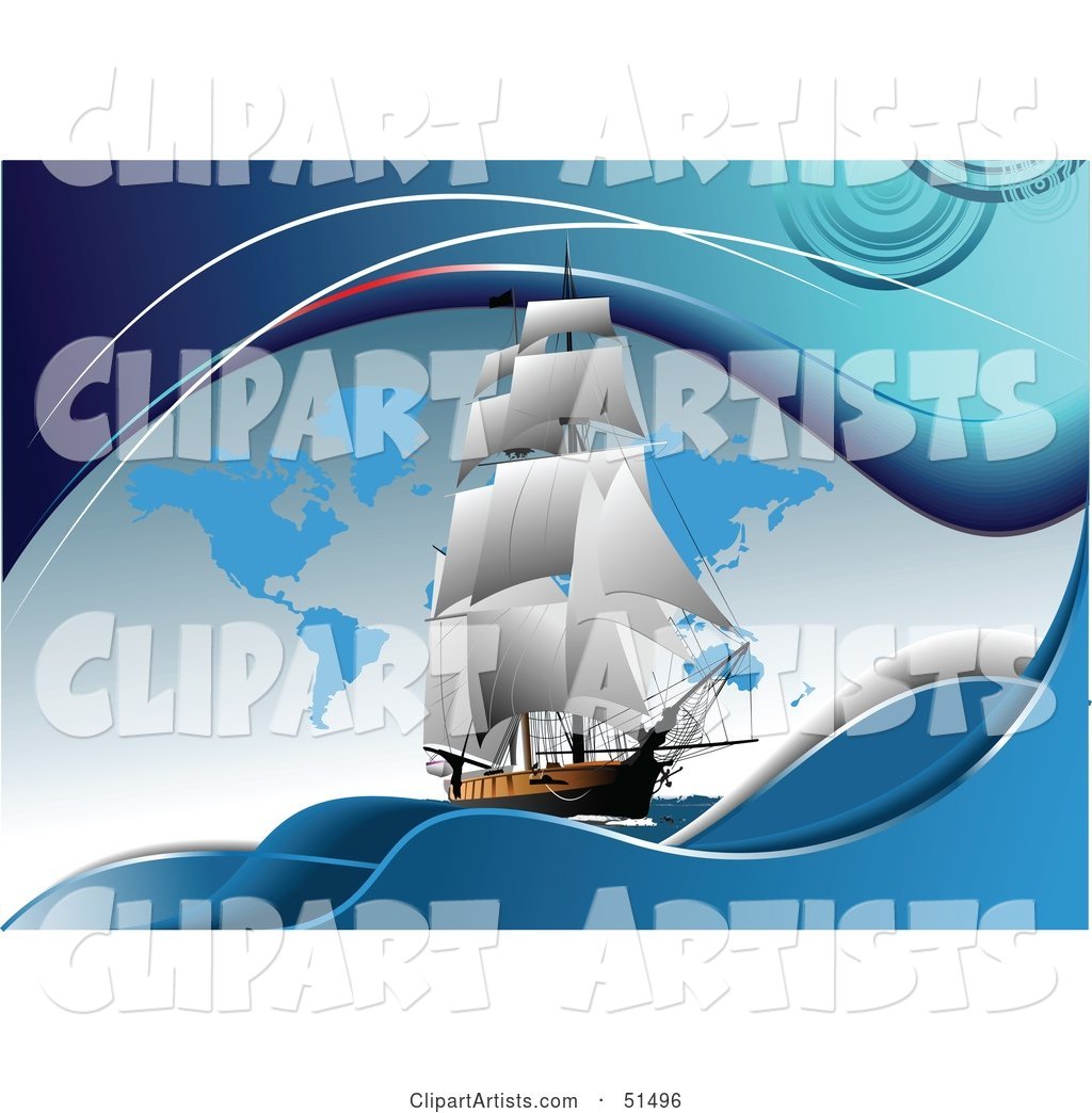 Sailing Ship on Blue with Continents