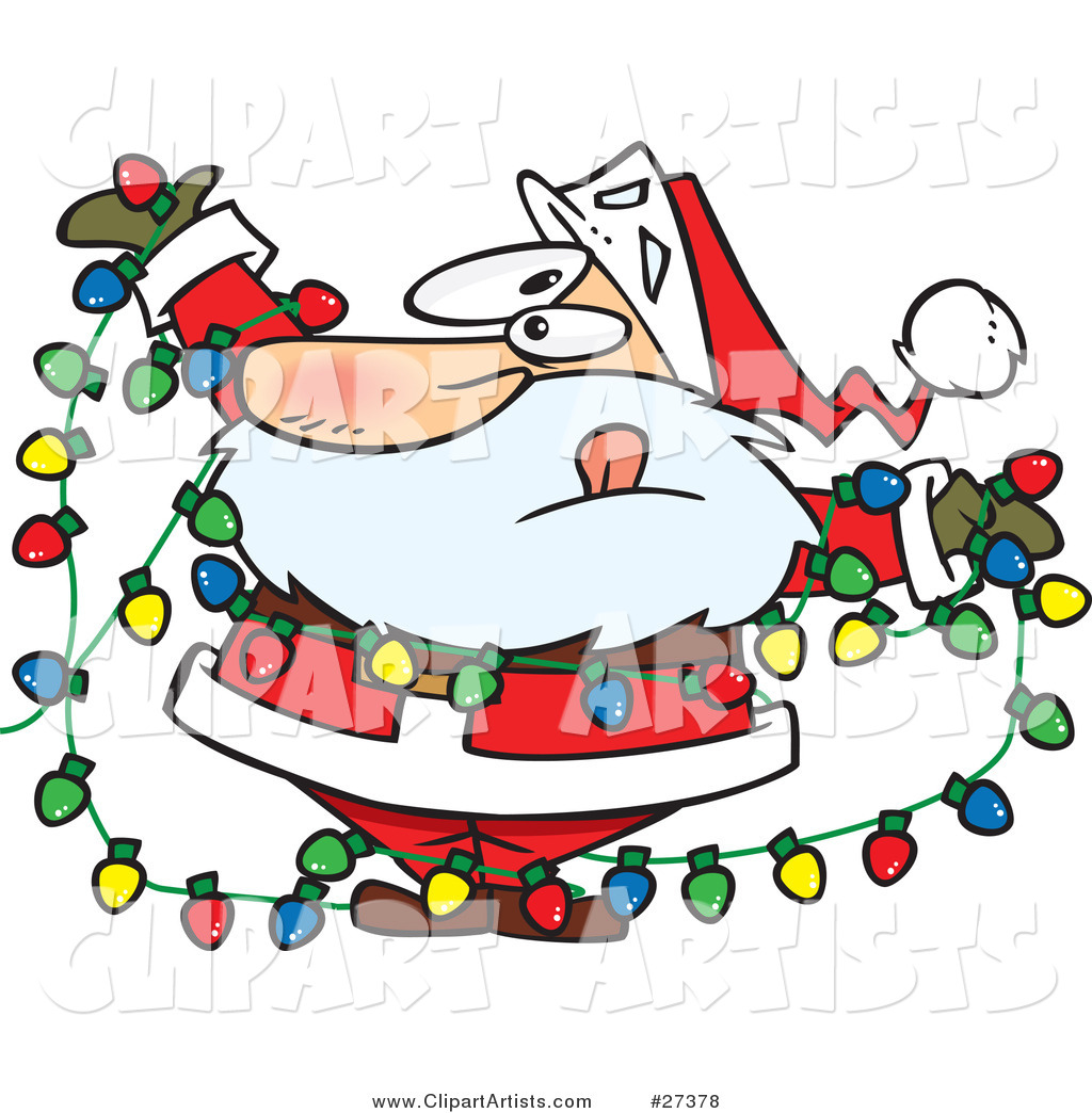 Santa Claus Tangled in a Mess of Colorful Christmas Lights While Trying to Decorate His Home