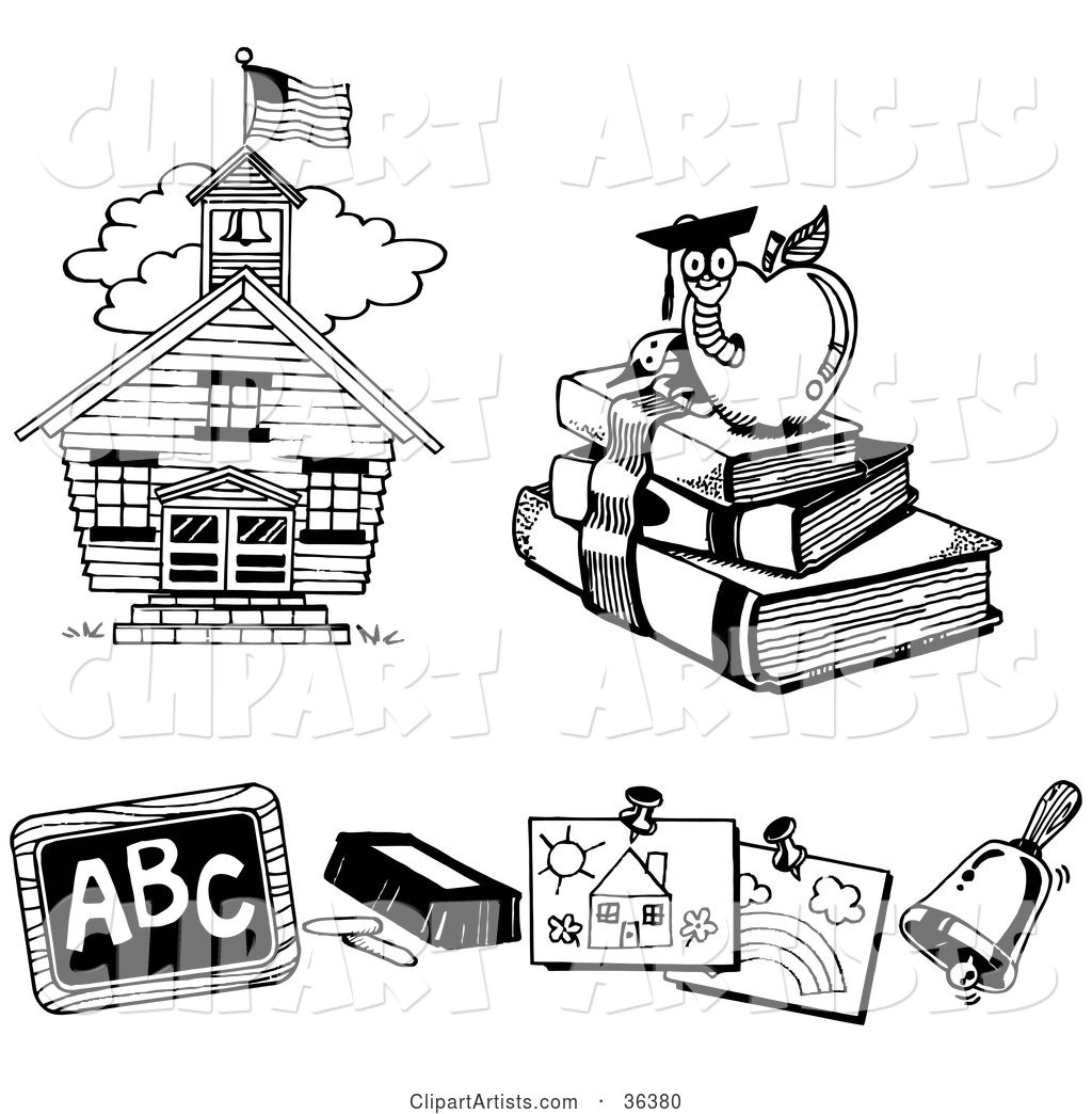 School House, Book Worm, Chalk and Chalkboard, Children's Art and a Bell