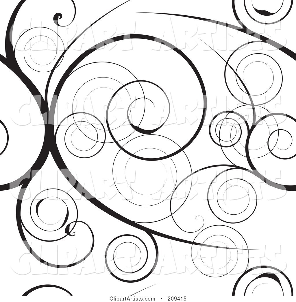 Seamless Black Swirly Vine Pattern over White