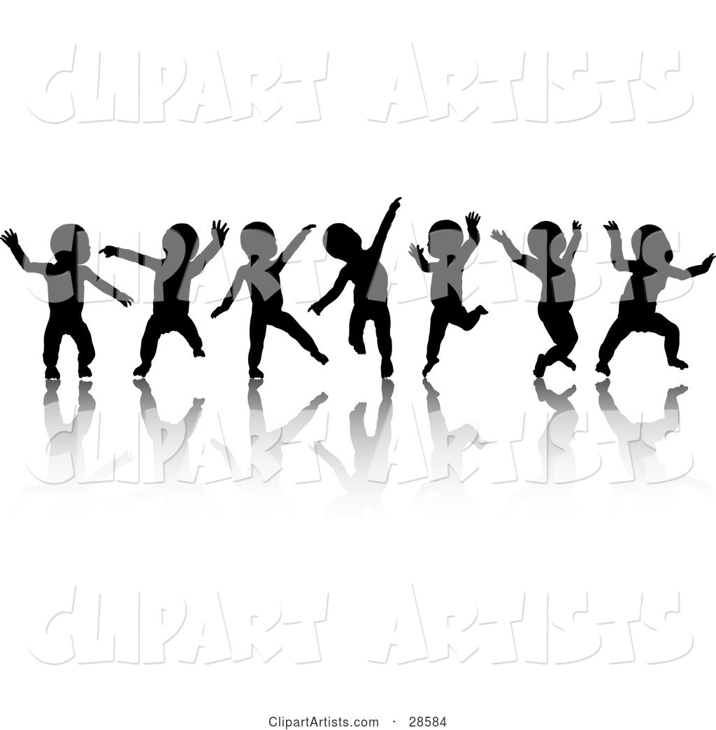 Seven Black Silhouetted Dancing Babies on White, with Reflections