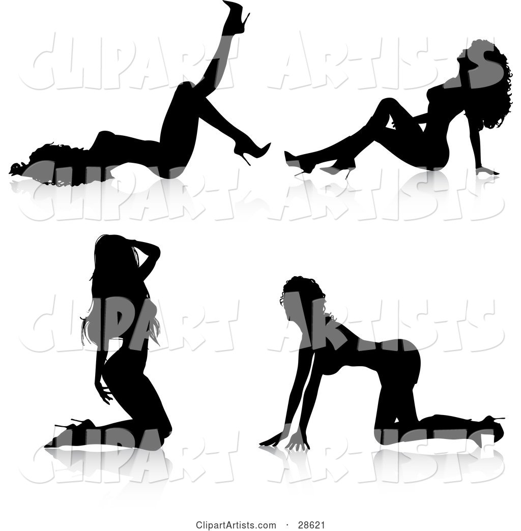 Sexy Black Silhouetted Women, an Exotic Dancer, in High Heels, in Four Different Poses on the Ground