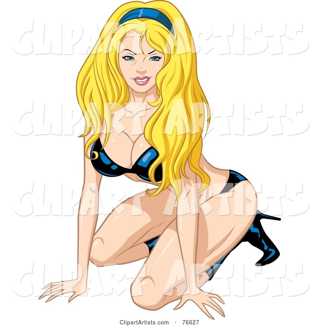 Sexy Blond Kneeling Asian Pinup Woman Boots and Undergarments