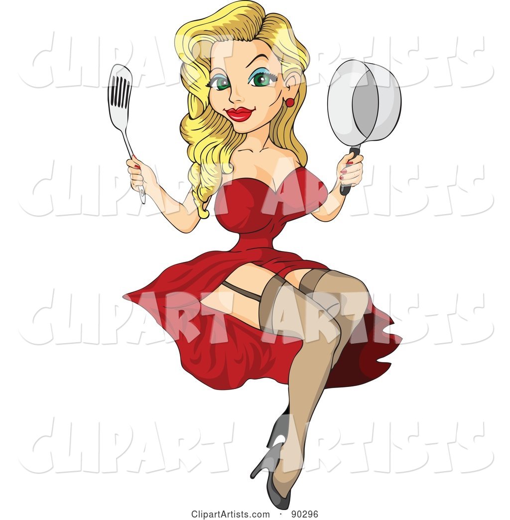 Sexy Blond Pinup Cook in a Red Dress, Holding up a Pot and Spatula