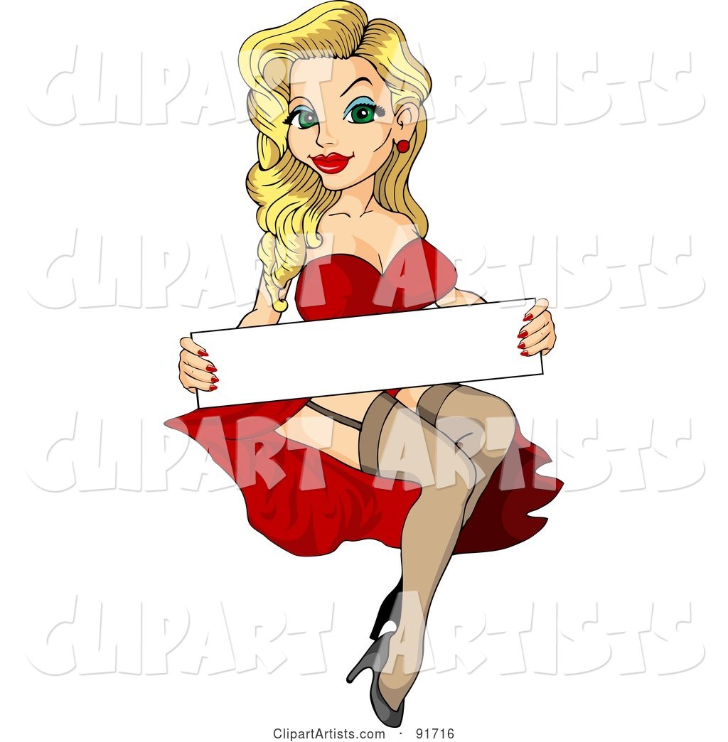 Sexy Blond Pinup Woman in a Red Dress, Holding a Blank Sign over Her Lap