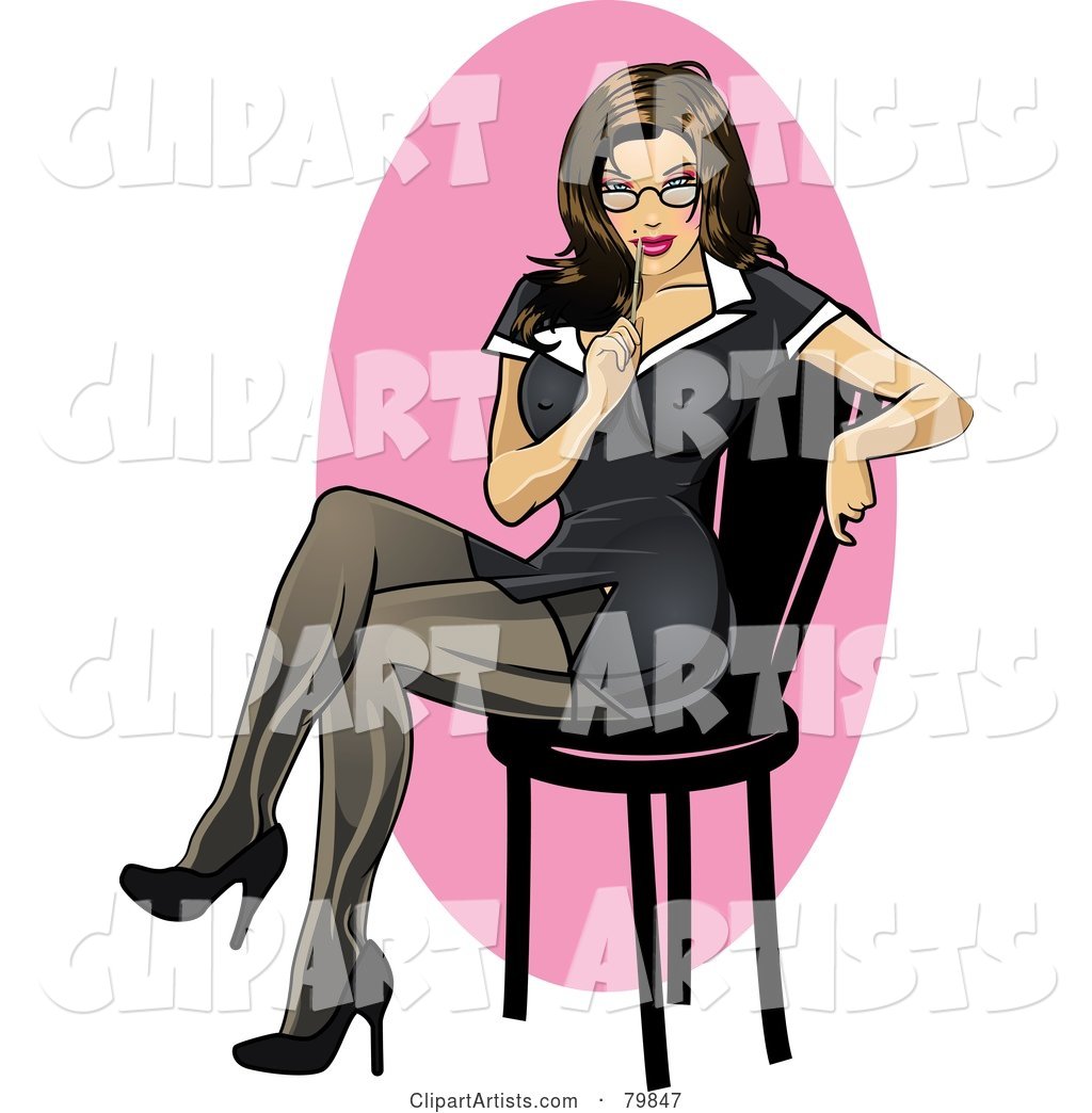 Sexy Brunette Secretary Pinup Woman Sitting in a Black Dress