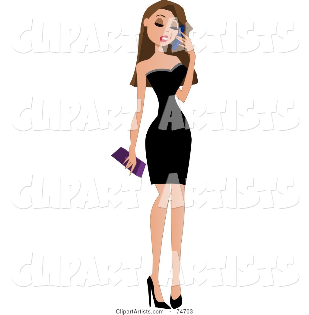 Sexy Brunette Woman in a Little Black Dress, Talking on a Cell Phone