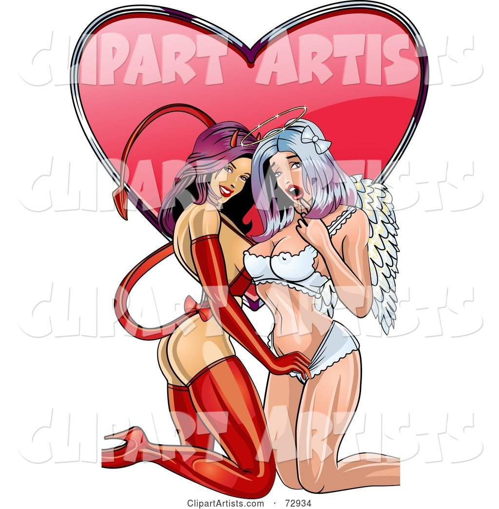 Sexy Devil and Angel Pinup Women Kneeling in Front of a Heart