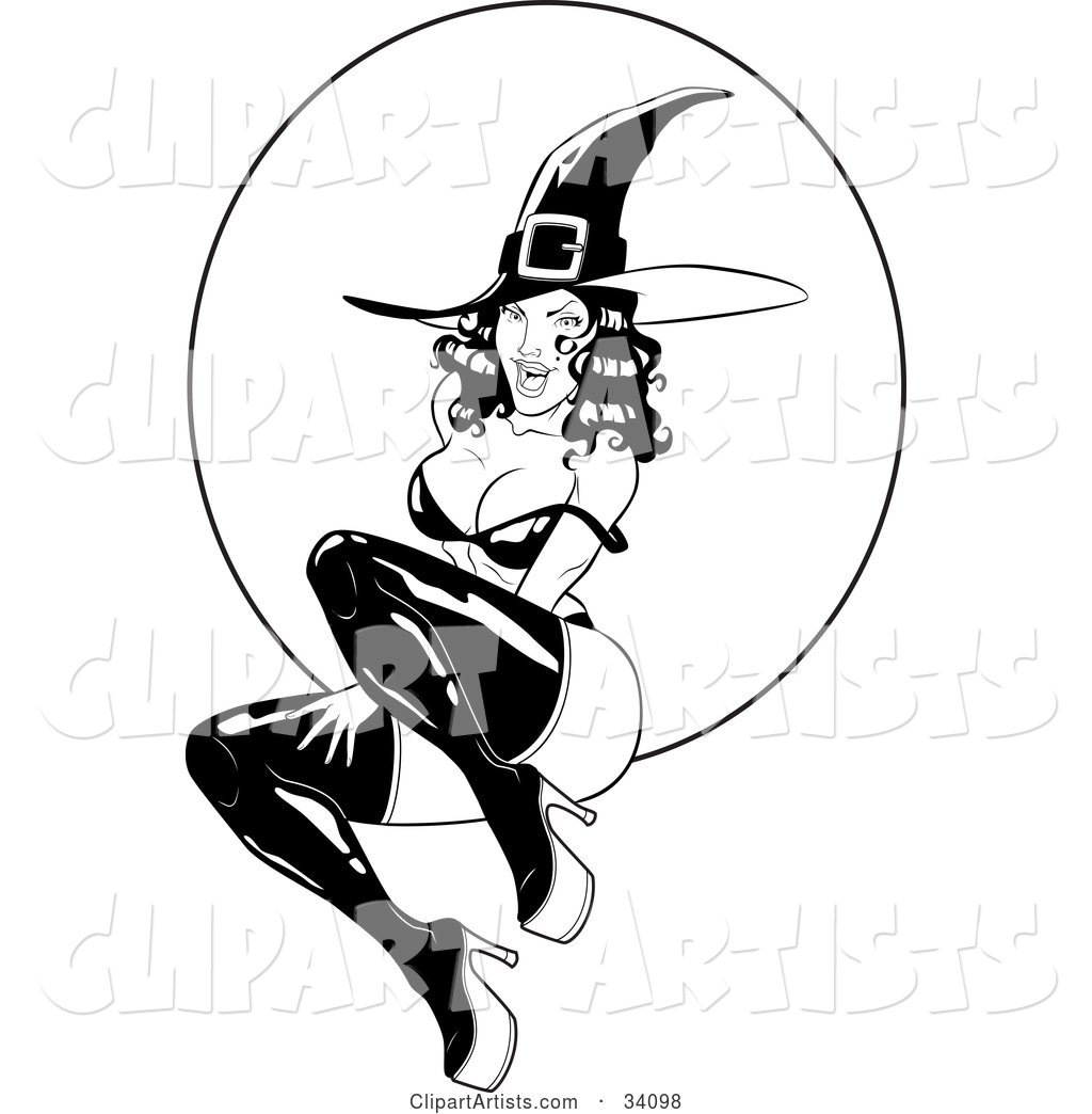 Sexy, Flirty, Young Witch in Tall Boots and a Pointy Hat, Her Bra Strap over Her Shoulder, Sitting in Front of a Full Moon