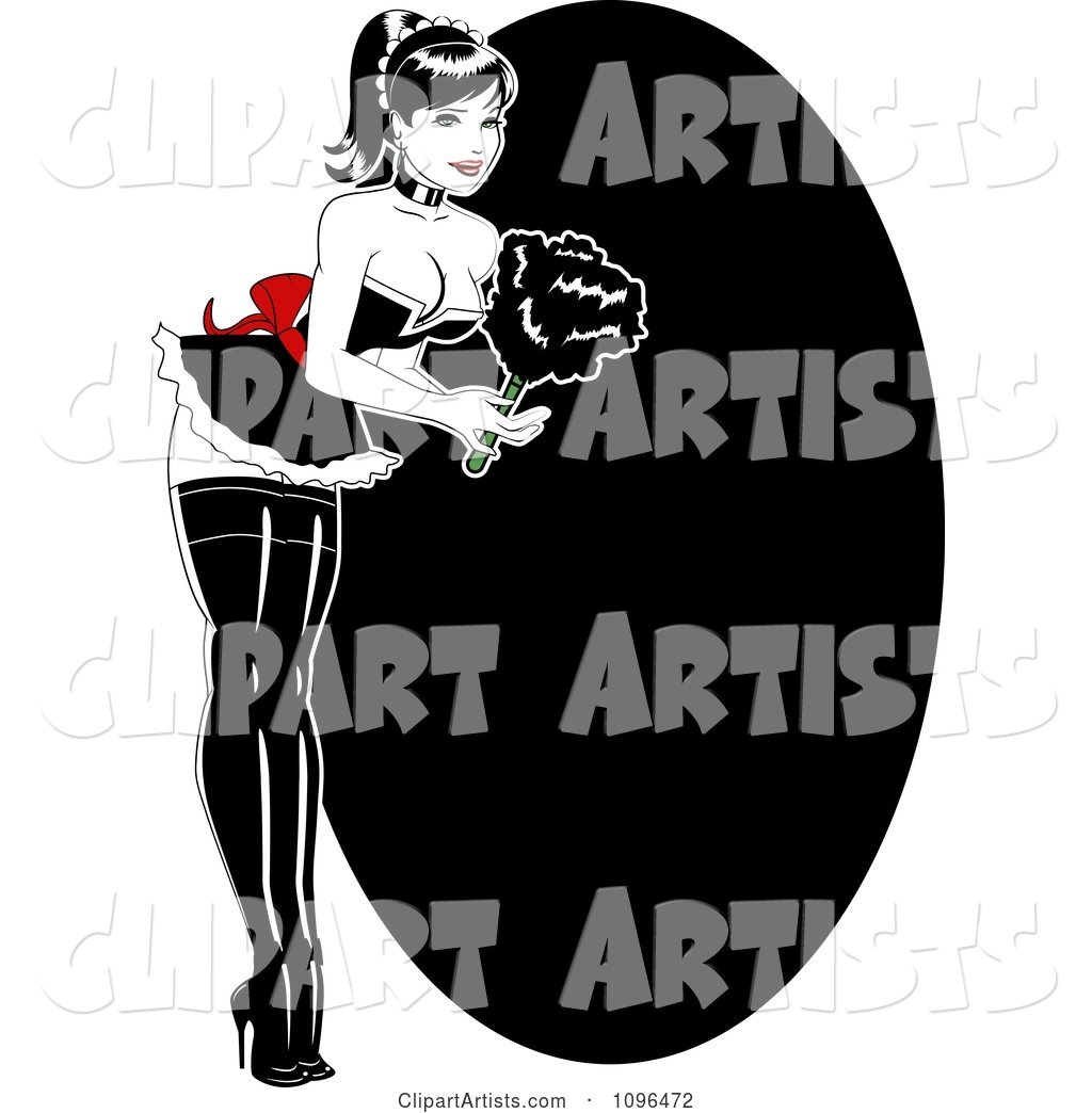 Sexy French Maid Pinup Woman Bending over and Holding a Feather Duster, over a Black Oval