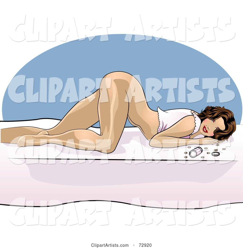 Sexy Half Nude Brunette Pinup Woman Laying by Pills on a Bed