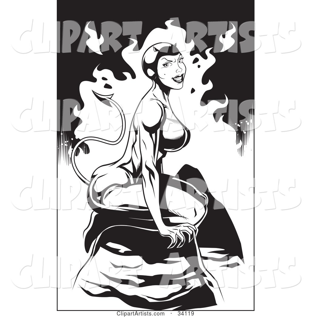 Sexy, Muscular Female She Devil Seated on a Rock in Hello, on a Flaming Black and White Background