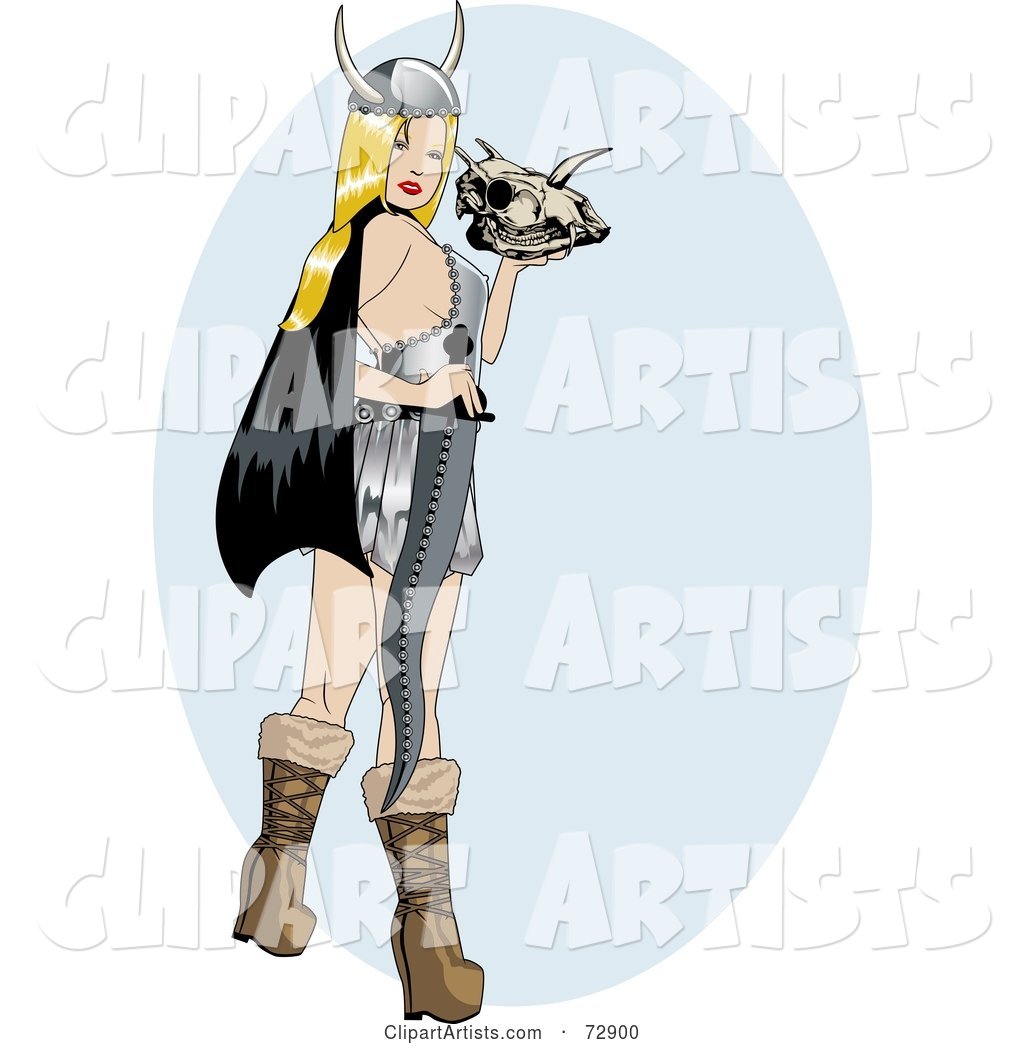 Sexy Pinup Viking Woman Holding a Skull and Sword