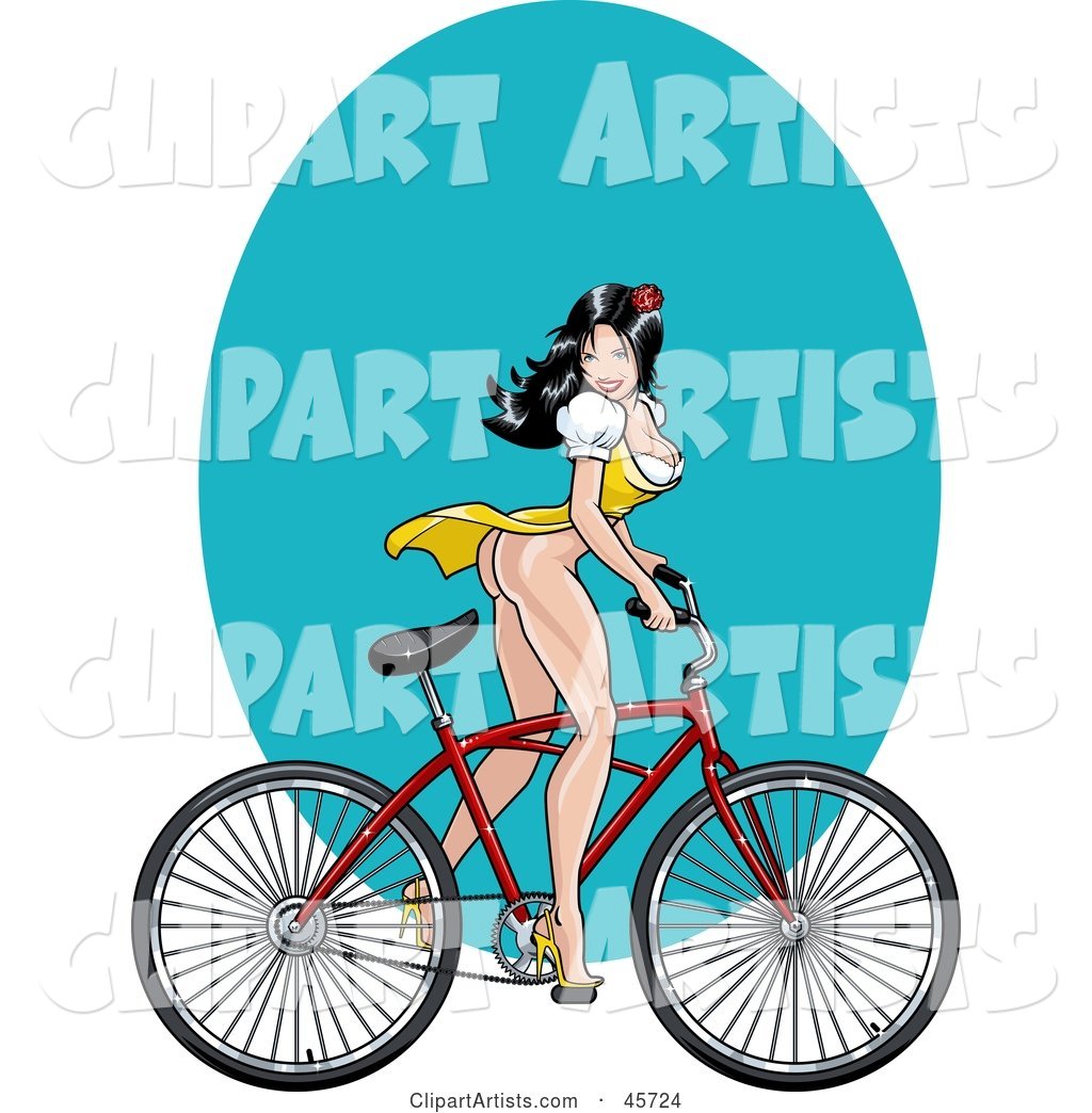 Sexy Pinup Woman in a Dress, Showing Her Long Legs and Riding a Bike